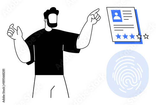 Man pointing at a profile card with star ratings, accompanied by a digital fingerprint. Ideal for recruitment, identity, technology, security, review, authentication digital trust. A simple flat