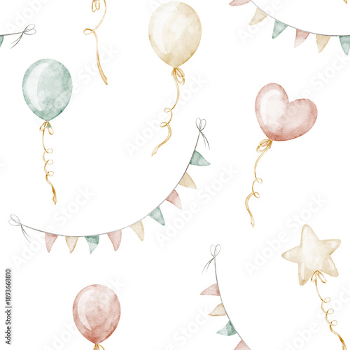 Wallpaper Mural Seamless watercolor pattern with pastel balloons, garlands and carnival details. Gentle children style for nursery interiors, baby textiles, party stationery, gift wrap and decorative backgrounds. Torontodigital.ca