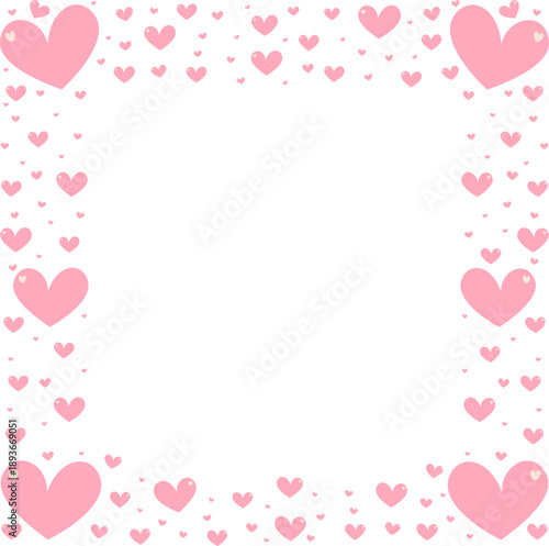 Romantic frame with pink hearts of different sizes on a white background. Square frame of love and romance for greeting cards, invitations and social networks. Decorative frame for Valentine's Day wit