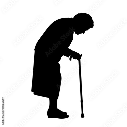 Silhouette of elderly woman with walking stick on white background.