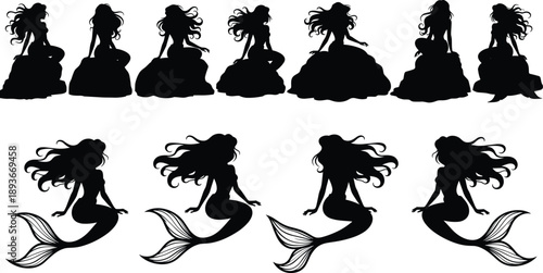 Mermaid silhouette set, fantasy sea siren poses with flowing hair, isolated black vector illustration