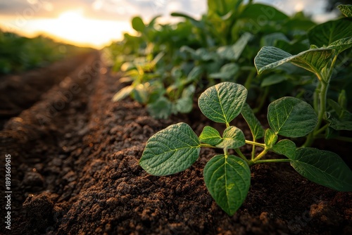 Soybean field at sunset shows rows and fresh leaves in rich soil. Use this image for agricultural or environmental themes, showing growth.