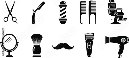 Barbershop equipment silhouette set, haircut grooming tools icons, isolated black male salon vector illustration