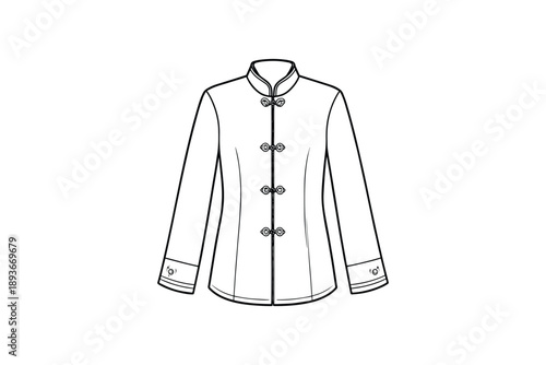 Traditional chinese mandarin collar blouse technical fashion illustration on white background, long sleeves