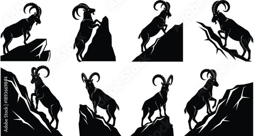 Mountain goat silhouette set, wild alpine climbing poses, isolated black wildlife animal vector illustration collection