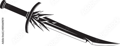 Black and white sketched of a broken sword with lightning effects sketched broken sword crack