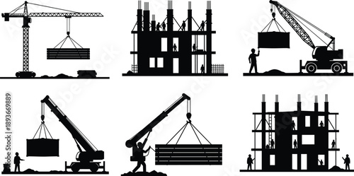 Construction site silhouette set, cranes lifting materials and workers building structures, isolated black vector illustration