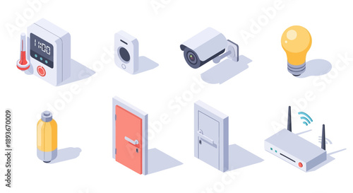 Isometric set of smart home security icon devices on a white background