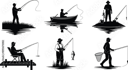 Fishing silhouette set, anglers catching fish on lake river boat, isolated black outdoor vector illustration