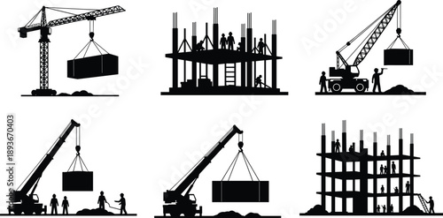 Building construction silhouette set, crane lifting materials and workers, isolated black industrial vector illustration