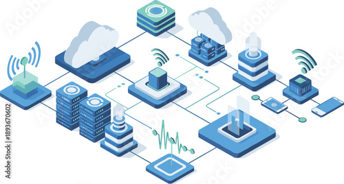 Isometric Cloud Computing and Network Infrastructure Illustration Showing Connected Servers, Wireless Data Transfer, System Monitoring, and Modern IT Architecture Concepts