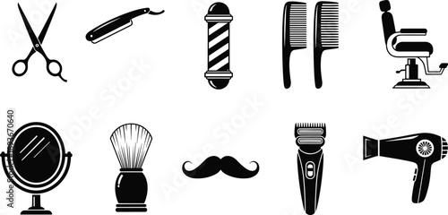 Barbershop tools silhouette set, haircut grooming equipment icons, isolated black male salon vector illustration