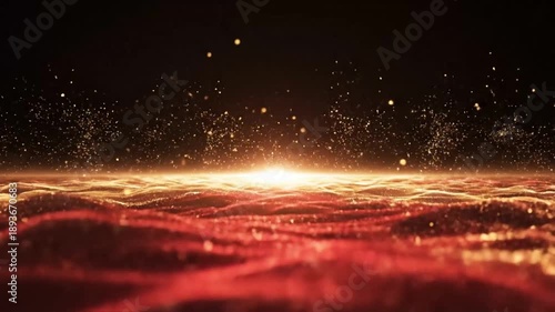Glowing red and orange sunset. Sparkling particles in the air. Dark night sky. Natural landscape background. Scenic view. Dramatic lighting. Vibrant colors. Sunset over water. Fiery
