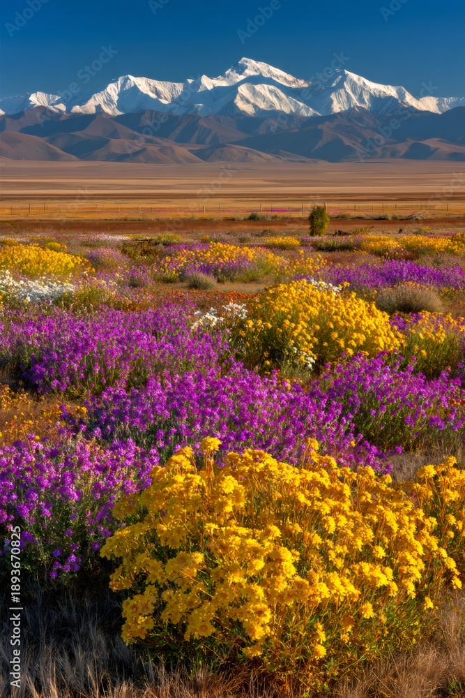 Obraz premium Wildflower meadow blooming with mountains in background