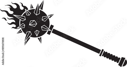 Black and White Sketched of a Spiked Club with Flames sketched flames medieval
