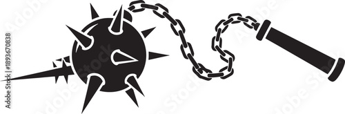 Black and white sketched of a spiked ball attached to a chain and handle