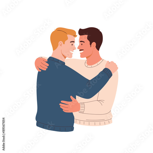 A cheerful illustration depicting a happy same-sex male couple embracing each other lovingly against a clean white background. This image symbolizes affection, equality, and emotional support
