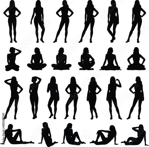Human silhouette, sitting pose, standing figure, gesture icon, body language, posture set, flat vector illustration