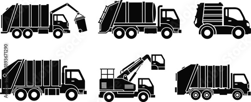 Garbage truck silhouette set, waste collection vehicles, municipal sanitation trucks, isolated black vector illustration design
