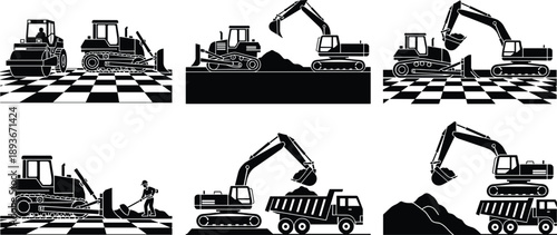 Heavy construction equipment silhouette set, excavator bulldozer dump truck actions, isolated black industrial vector illustration