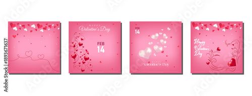 Valentine 14 February Pink Heart Social Media Card Set with Romantic Floral Swirls and Heart Templates