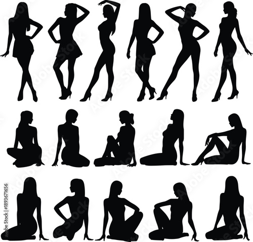 Fashion woman silhouette collection stylish female poses glamour model standing sitting isolated white background graphic flat vector illustration