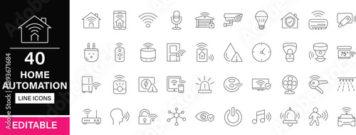 Home Automation editable line icons pack. Smart, home, automation, security, system, intelligent, wireless, thermostat, technology, remote, energy, control and more icons.