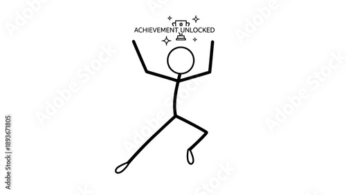 Simple stick figure celebrating achievement unlocked with raised arms.