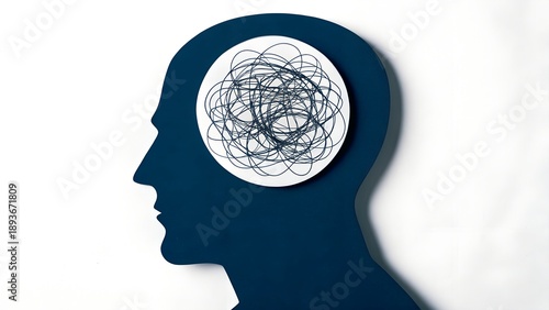 Dark blue silhouette of a person's head with a chaotic scribble pattern inside representing mental overwhelm or confusion