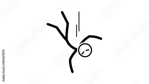 Simple black and white clock hanging from a branch.