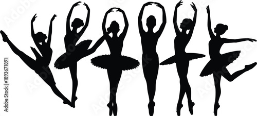 Ballerina silhouette dance poses set flat vector illustration, black ballet dancer women icons isolated on white background, elegant movement collection