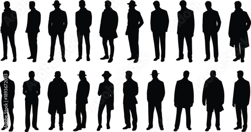 Man silhouette, standing pose, fashion figure, gesture icon, coat style, casual stance, male posture, flat vector illustration