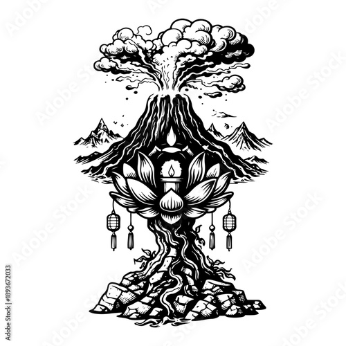 Erupting volcano illustration with stylized lotus flower and candle in monochrome tattoo style