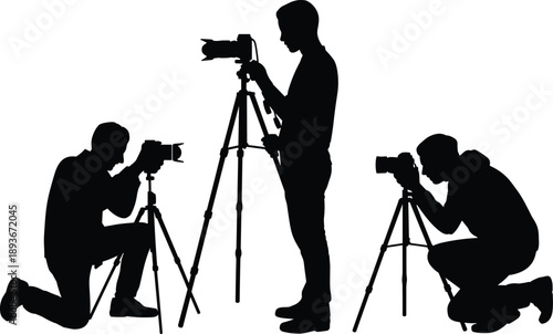 Photographers silhouette set flat vector illustration, black cameramen using tripod icons isolated on white background, professional photography concept