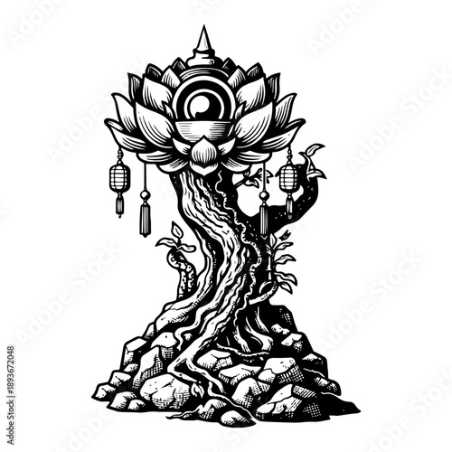 Mystical lotus flower growing from gnarled tree roots with hanging lanterns in woodcut style