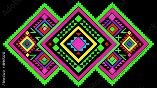 Traditional Slavic folk art ornament. Embroidered seamless border texture. Seamless traditional ethnic embroidery pattern. Geometric folk ornament with flowers and tassels.