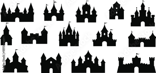 Castle silhouette, fantasy tower, medieval fortress, turret icon, battlement shape, royal palace, spire design, flat vector illustration