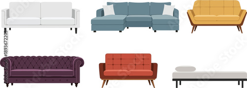 Collection of modern sofas and couches in various colors and styles for interior design on transparent background