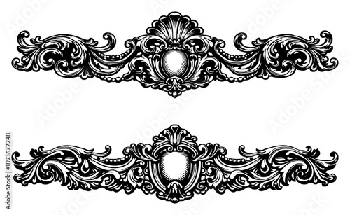 Set of two vintage baroque floral text dividers with central shield