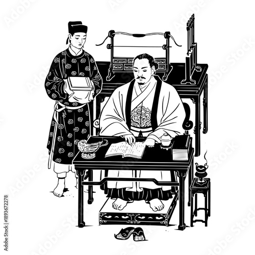 Ancient chinese scholar sitting at desk with an attendant standing nearby