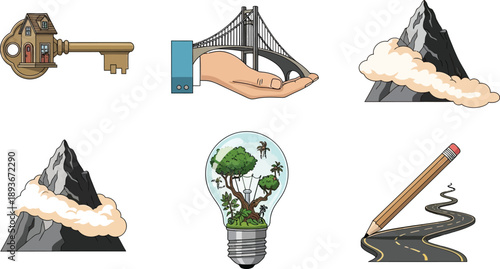 Conceptual illustration set with various metaphors for achieving goals and finding solutions on transparent background