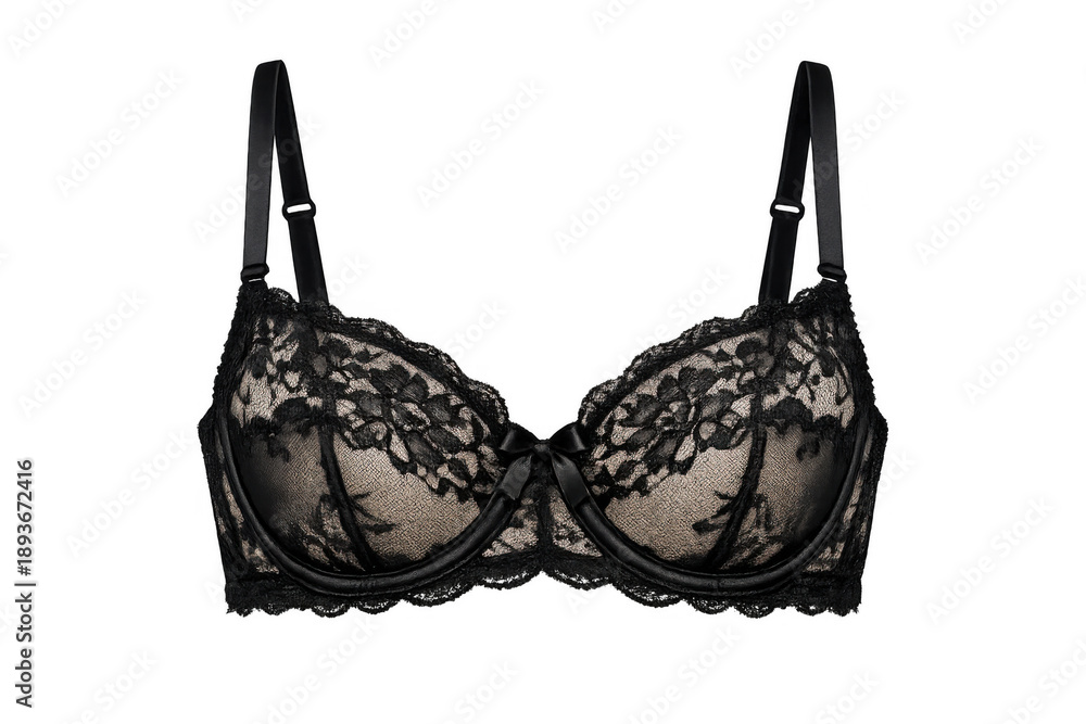 Obraz premium Black lace bra with floral pattern, elegant push-up design, feminine underwear for fashion and intimate apparel on transparent background