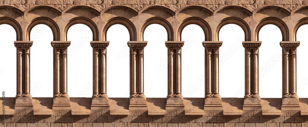 Fototapeta premium Elements of architecture of buildings, ancient arches, frames and niches, windows and apertures. On the streets in Barcelona, public places.
