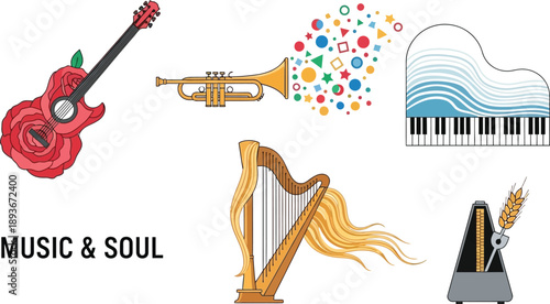 Collection of music instruments including guitar, trumpet, harp, piano, and metronome with text music & soul