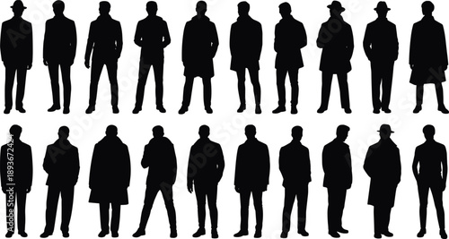 Man silhouette, fashion pose, standing figure, coat style, gesture icon, male stance, outfit shape, flat vector illustration