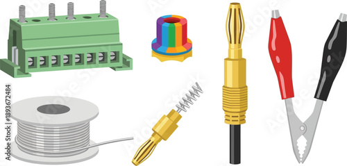 Electrical components, terminal block, banana plug, alligator clips, wire spool, rainbow connector, for electronic circuits and wiring
