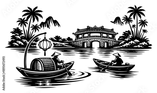 Traditional vietnamese landscape with hoi an bridge and boats