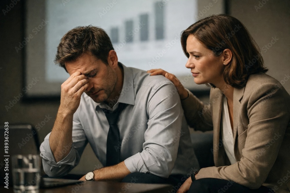 Fototapeta premium Supportive woman comforting a stressed colleague in an office, offering empathy during a difficult professional moment.