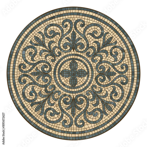 Mosaic tile pattern with circular ornament showcasing Roman-Greek design elements, perfect for Mediterranean-inspired interiors and decorative floor mosaic applications.