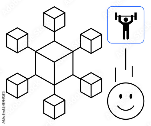 Blockchain concept. Blockchain network combined with fitness and wellness symbolism, focusing on building strength and positivity. Blockchain applications for health, technology, data, motivation